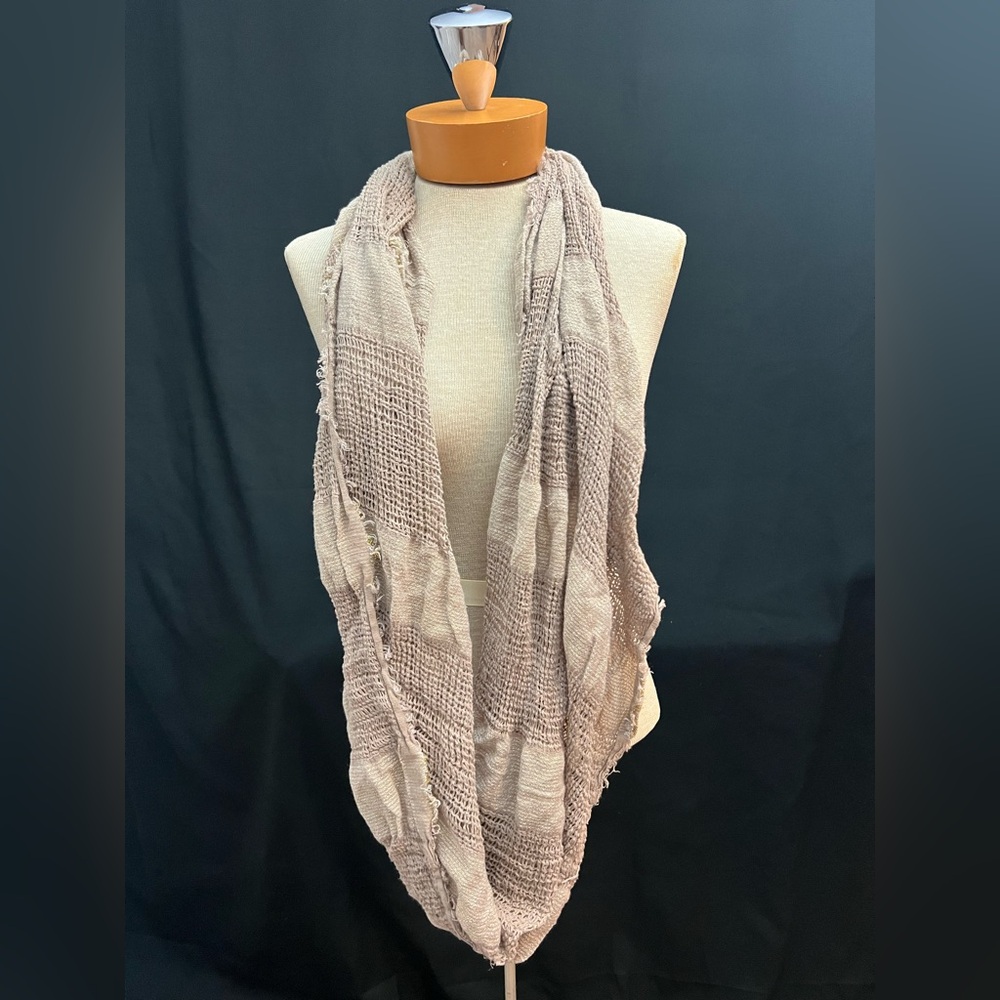 Express infinity scarf - light and dark beige with some gold woven it.